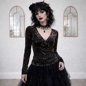 '90s Vintage Burnout Velvet Whimsigoth Animal Print V-Neck Stretch Blouse Sz L